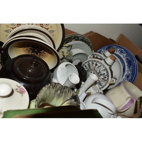 583 - FIVE BOXES OF CERAMICS, including a Johnson Brothers 'Eternal Beau' tea set, a 'Colclough' tea set, ... 