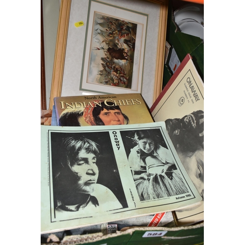 584 - ONE BOX OF BOOKS AND FRAMED PRINTS, a collection featuring Native American History books and framed ... 