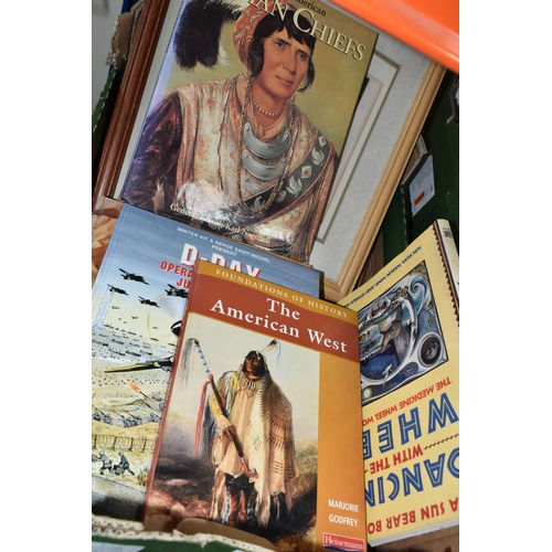 584 - ONE BOX OF BOOKS AND FRAMED PRINTS, a collection featuring Native American History books and framed ... 