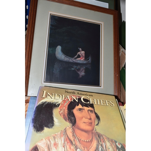 584 - ONE BOX OF BOOKS AND FRAMED PRINTS, a collection featuring Native American History books and framed ... 