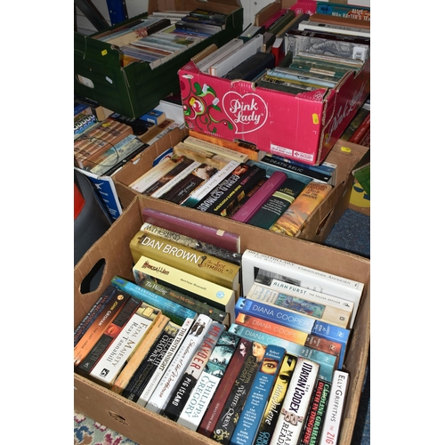 587 - EIGHT BOXES OF BOOKS, featuring a number of historical novels, thrillers, crime, espionage, as well ... 