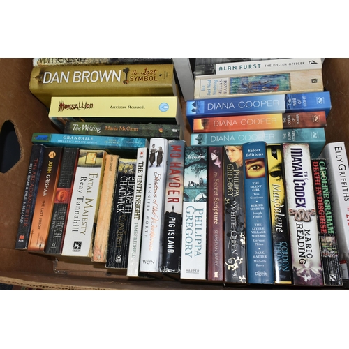 587 - EIGHT BOXES OF BOOKS, featuring a number of historical novels, thrillers, crime, espionage, as well ... 