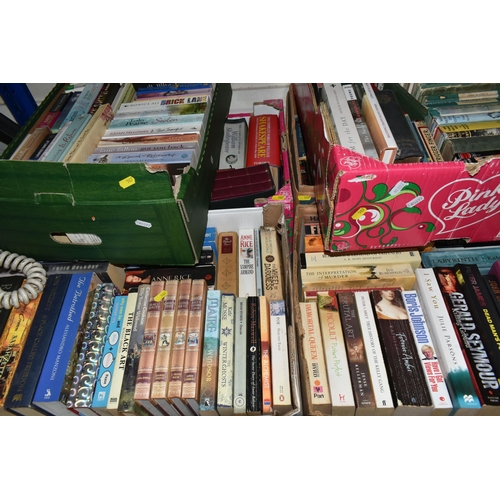 587 - EIGHT BOXES OF BOOKS, featuring a number of historical novels, thrillers, crime, espionage, as well ... 