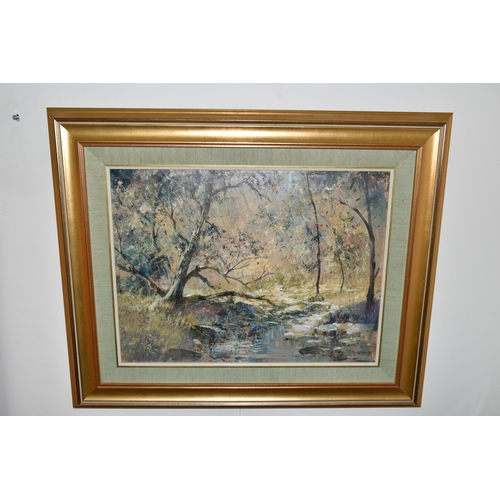 321 - CHRISTOPHER TUGWELL (SOUTH AFRICA 1938-2021) AN IMPRESSIONST STYLE LANDSCAPE, a small stream cuts th... 