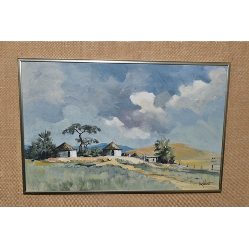 596 - TED HOEFSLOOT (1930-2013) A SOUTH AFRICAN LANDSCAPE, two whitewashed thatched dwellings stand in an ... 