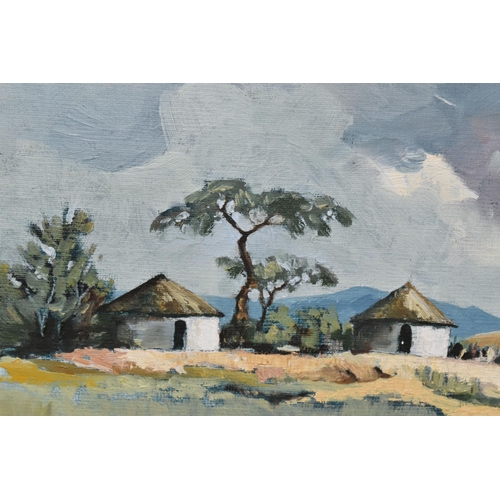 596 - TED HOEFSLOOT (1930-2013) A SOUTH AFRICAN LANDSCAPE, two whitewashed thatched dwellings stand in an ... 