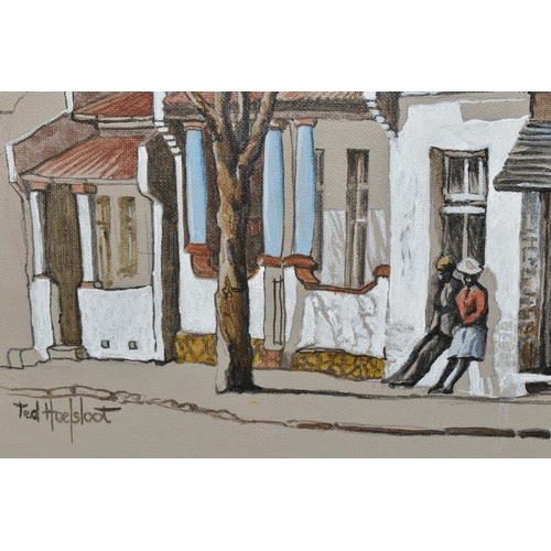 597 - TED HOEFSLOOT (1930-2013) 'FORDSBURG CAFE', a South African street scene depicting figures outside a... 