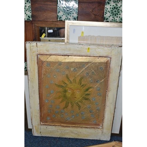 600 - A SMALL NUMBER OF PICTURES, PRINTS AND A MIRROR ETC, comprising a rustic pine framed mirror inset wi... 