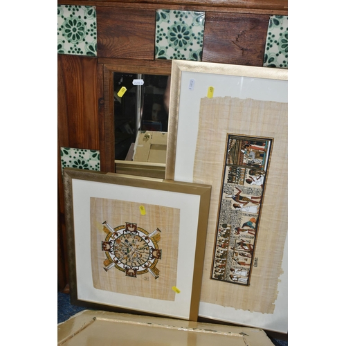 600 - A SMALL NUMBER OF PICTURES, PRINTS AND A MIRROR ETC, comprising a rustic pine framed mirror inset wi... 