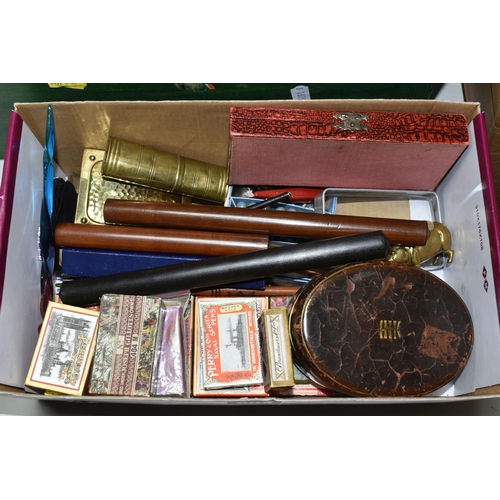 604 - A BOX OF 19TH AND 20TH CENTURY WRITING RELATED ITEMS, including a Victorian oval leather and brass c... 