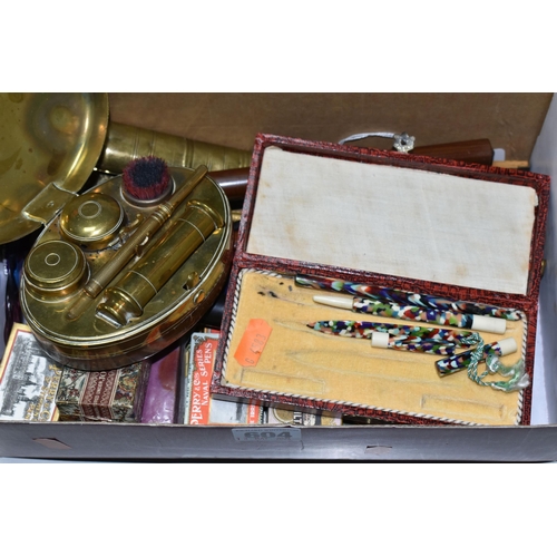 604 - A BOX OF 19TH AND 20TH CENTURY WRITING RELATED ITEMS, including a Victorian oval leather and brass c... 