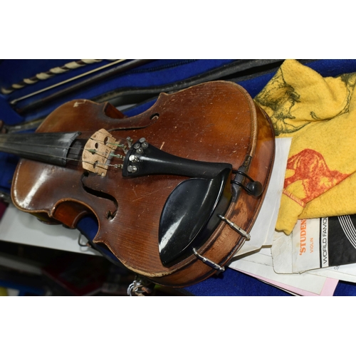 605 - A CASED VIOLIN, two piece back, ebonized fingerboard, in a hard fitted case with two bows - one mark... 