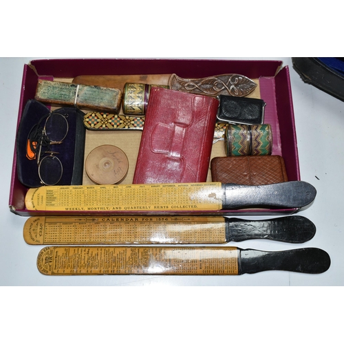 609 - A BOX OF VICTORIAN COLLECTABLES, including four treen page turners / paper knives, all printed to bo... 