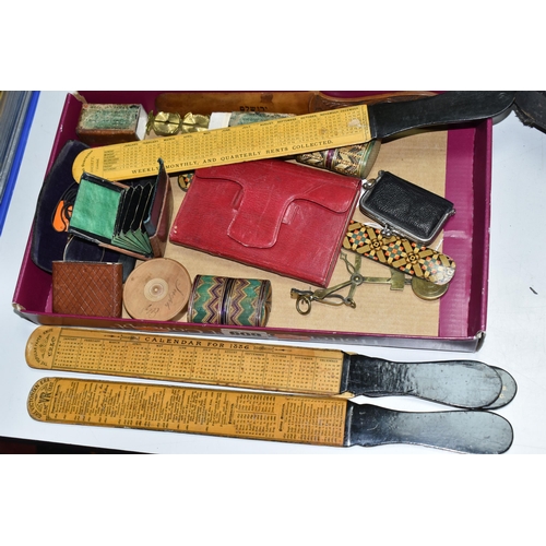 609 - A BOX OF VICTORIAN COLLECTABLES, including four treen page turners / paper knives, all printed to bo... 