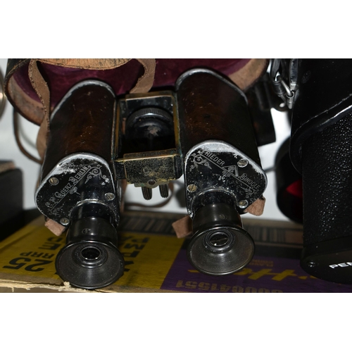 611 - ONE BOX OF THREE PAIRS OF BINOCULARS, comprising a pair of leather cased German  Trieder binoculars ... 