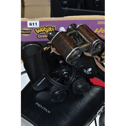 611 - ONE BOX OF THREE PAIRS OF BINOCULARS, comprising a pair of leather cased German  Trieder binoculars ... 