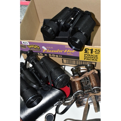 611 - ONE BOX OF THREE PAIRS OF BINOCULARS, comprising a pair of leather cased German  Trieder binoculars ... 