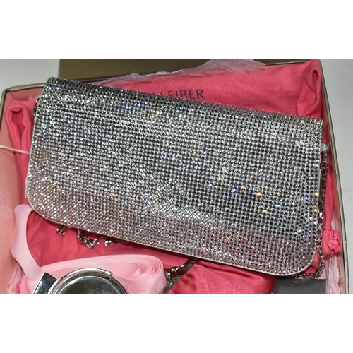 616 - A BOXED JUDITH LEIBER DOUBLE SIDED SILVER DIAMANTE BAG, with grey satin exterior and pink satin inte... 