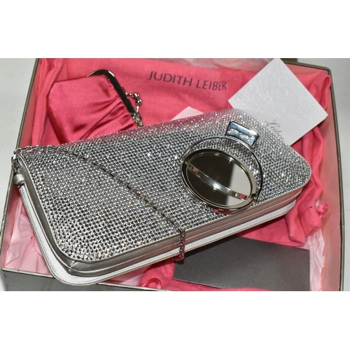 616 - A BOXED JUDITH LEIBER DOUBLE SIDED SILVER DIAMANTE BAG, with grey satin exterior and pink satin inte... 