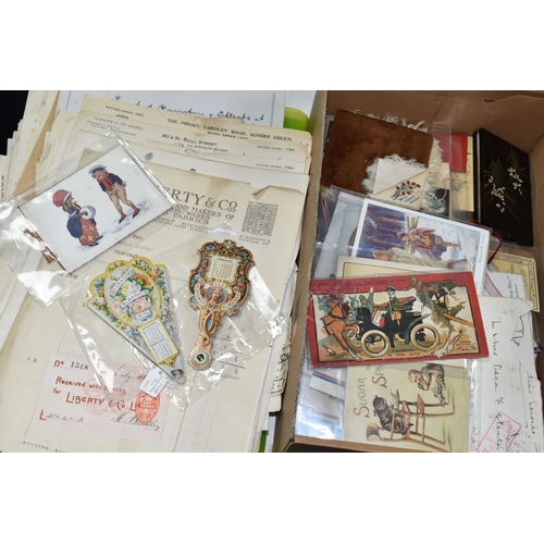 617 - A BOX OF VICTORIAN AND LATER GREETINGS CARDS, ETC AND A FOLDER OF 20TH RECEIPTS FROM MOSTLY BIRMINGH... 