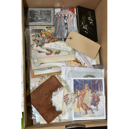 617 - A BOX OF VICTORIAN AND LATER GREETINGS CARDS, ETC AND A FOLDER OF 20TH RECEIPTS FROM MOSTLY BIRMINGH... 