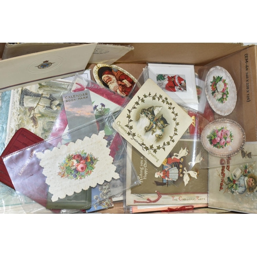 617 - A BOX OF VICTORIAN AND LATER GREETINGS CARDS, ETC AND A FOLDER OF 20TH RECEIPTS FROM MOSTLY BIRMINGH... 