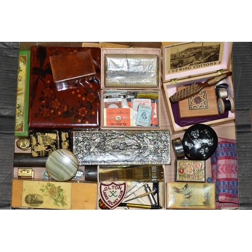 618 - A BOX OF VICTORIAN AND LATER BOXES AND COLLECTABLES, including a sealed pack of J & P Coats cable th... 