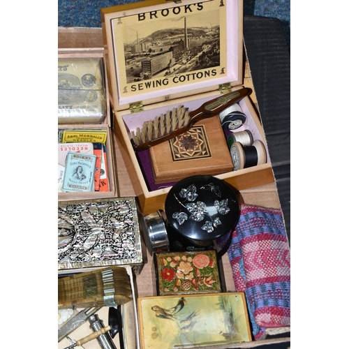 618 - A BOX OF VICTORIAN AND LATER BOXES AND COLLECTABLES, including a sealed pack of J & P Coats cable th... 