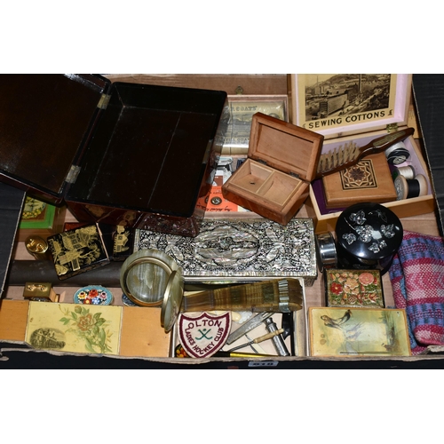 618 - A BOX OF VICTORIAN AND LATER BOXES AND COLLECTABLES, including a sealed pack of J & P Coats cable th... 