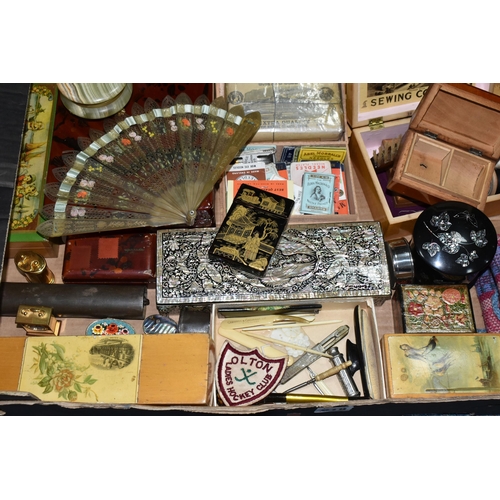 618 - A BOX OF VICTORIAN AND LATER BOXES AND COLLECTABLES, including a sealed pack of J & P Coats cable th... 