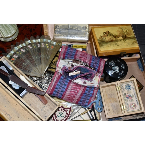 618 - A BOX OF VICTORIAN AND LATER BOXES AND COLLECTABLES, including a sealed pack of J & P Coats cable th... 