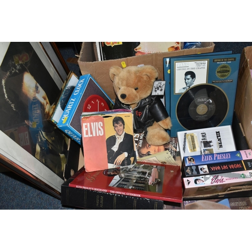 621 - TWO BOXES OF ELVIS PRESLEY LP RECORDS, FILMS AND MEMORABILIA, to include a framed collector's author... 