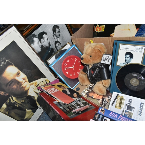 621 - TWO BOXES OF ELVIS PRESLEY LP RECORDS, FILMS AND MEMORABILIA, to include a framed collector's author... 