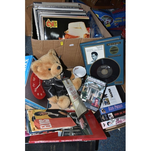 621 - TWO BOXES OF ELVIS PRESLEY LP RECORDS, FILMS AND MEMORABILIA, to include a framed collector's author... 