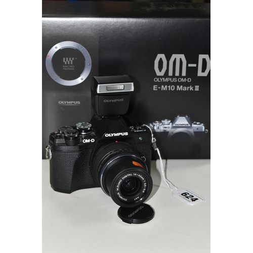 624 - A BOXED OLYMPUS OM-D E-M10 III WITH A 14-42 F3.5-5.6 ZOOM LENS, together with an Olympus battery,  a... 