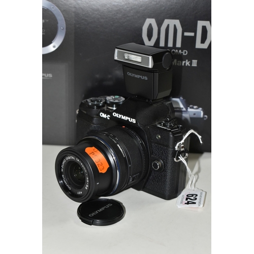 624 - A BOXED OLYMPUS OM-D E-M10 III WITH A 14-42 F3.5-5.6 ZOOM LENS, together with an Olympus battery,  a... 