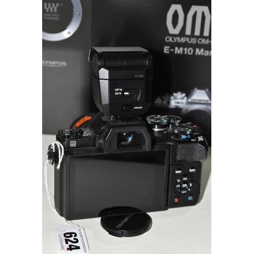 624 - A BOXED OLYMPUS OM-D E-M10 III WITH A 14-42 F3.5-5.6 ZOOM LENS, together with an Olympus battery,  a... 