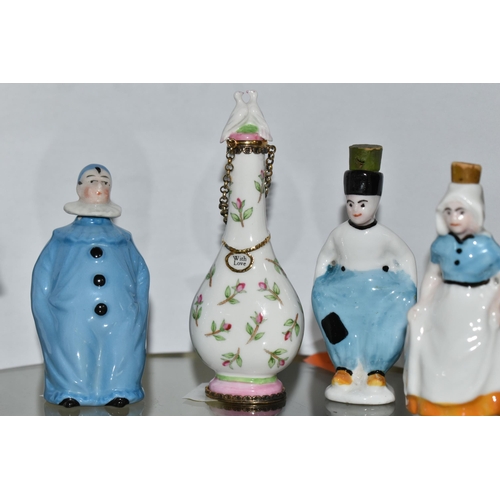 626 - TWO HALCYON DAYS PORCELAIN AND GILT METAL SCENT BOTTLES AND FOUR OTHER 20TH CENTURY MINIATURE FIGURA... 