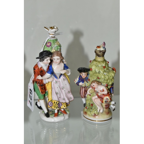 627 - FIVE LATE 19TH AND 20TH CENTURY CONTINENTAL PORCELAIN SCENT BOTTLES, three of figural form with encr... 