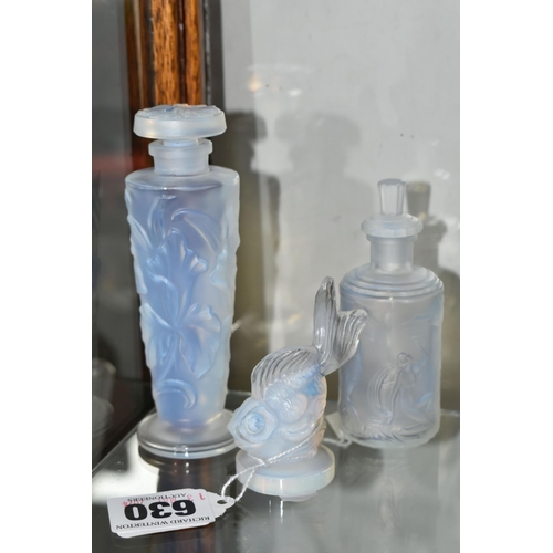 630 - SABINO PARIS: THREE PIECES OF OPALESCENT GLASS, comprising a tapering scent bottle with relief mould... 