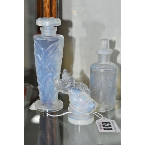 630 - SABINO PARIS: THREE PIECES OF OPALESCENT GLASS, comprising a tapering scent bottle with relief mould... 