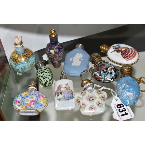 631 - A COLLECTION OF TEN LATE VICTORIAN AND 20TH CENTURY SCENT FLASKS / BOTTLES, four glass and six ceram... 