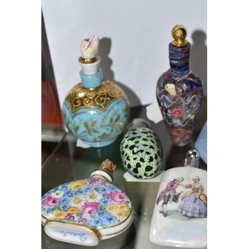 631 - A COLLECTION OF TEN LATE VICTORIAN AND 20TH CENTURY SCENT FLASKS / BOTTLES, four glass and six ceram... 