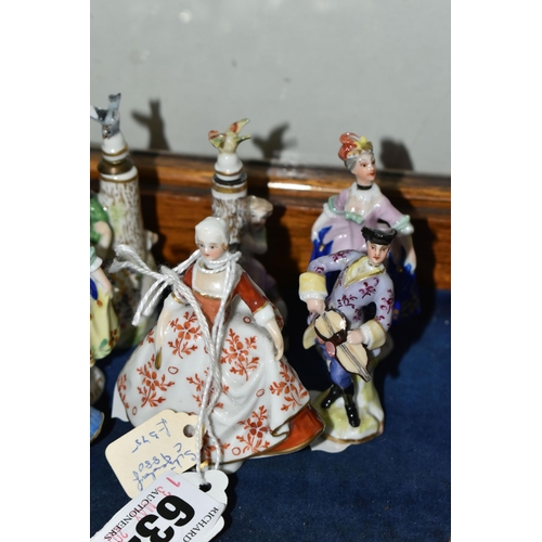 634 - SEVEN 20TH CENTURY FIGURAL PORCELAIN SCENT BOTTLES, comprising two Sitzendorf examples, one having a... 