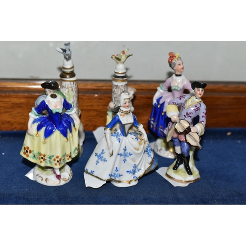 634 - SEVEN 20TH CENTURY FIGURAL PORCELAIN SCENT BOTTLES, comprising two Sitzendorf examples, one having a... 