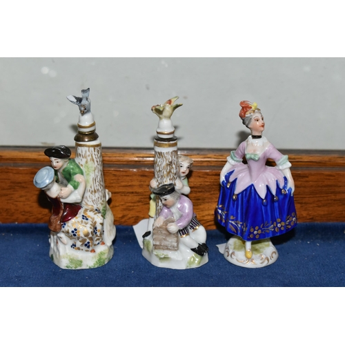 634 - SEVEN 20TH CENTURY FIGURAL PORCELAIN SCENT BOTTLES, comprising two Sitzendorf examples, one having a... 