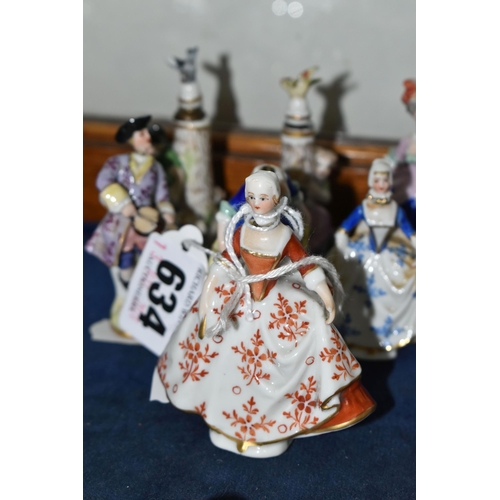 634 - SEVEN 20TH CENTURY FIGURAL PORCELAIN SCENT BOTTLES, comprising two Sitzendorf examples, one having a... 