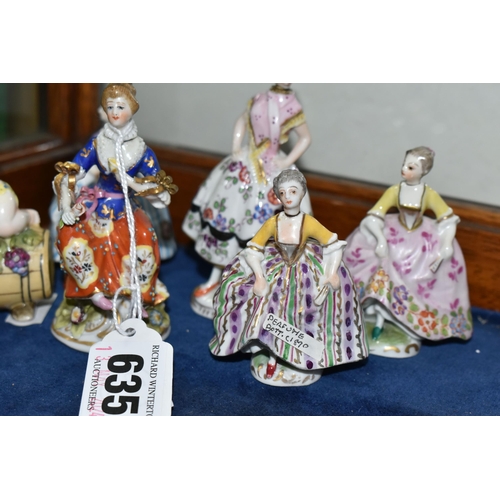 635 - SIX 19TH AND 20TH CENTURY FIGURAL PORCELAIN SCENT BOTTLES, comprising Sitzendorf example of a female... 