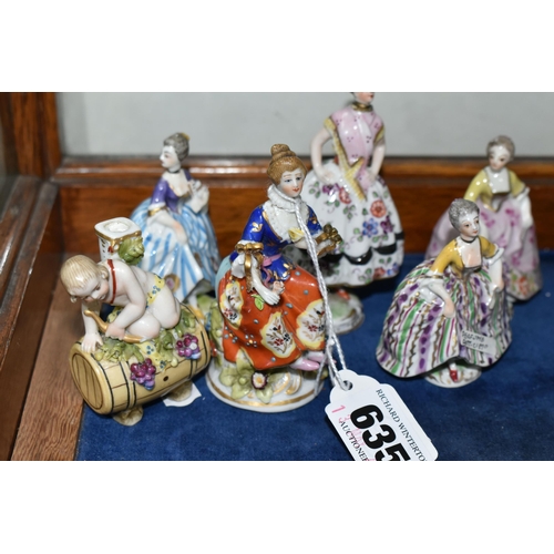 635 - SIX 19TH AND 20TH CENTURY FIGURAL PORCELAIN SCENT BOTTLES, comprising Sitzendorf example of a female... 