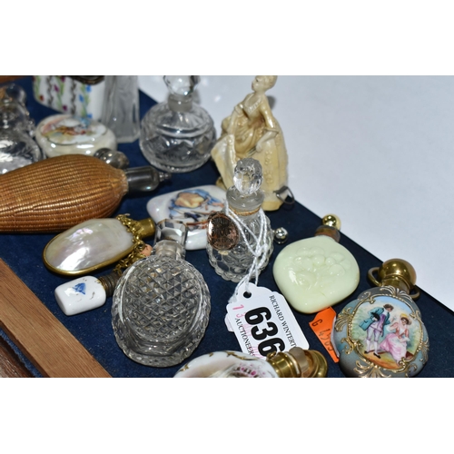 636 - A COLLECTION OF FOURTEEN GLASS, CERAMIC AND MOTHER OF PEARL SCENT FLASKS AND A MODERN LIMOGES BOX CO... 